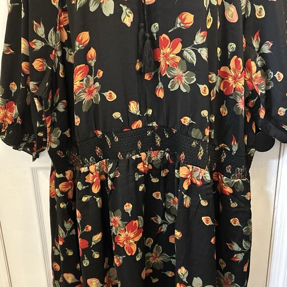 Terra & Sky Black Red Floral Maxi Dress Plus Size 5X 3/4 Sleeve Keyhole Tie Neck - Picture 12 of 16